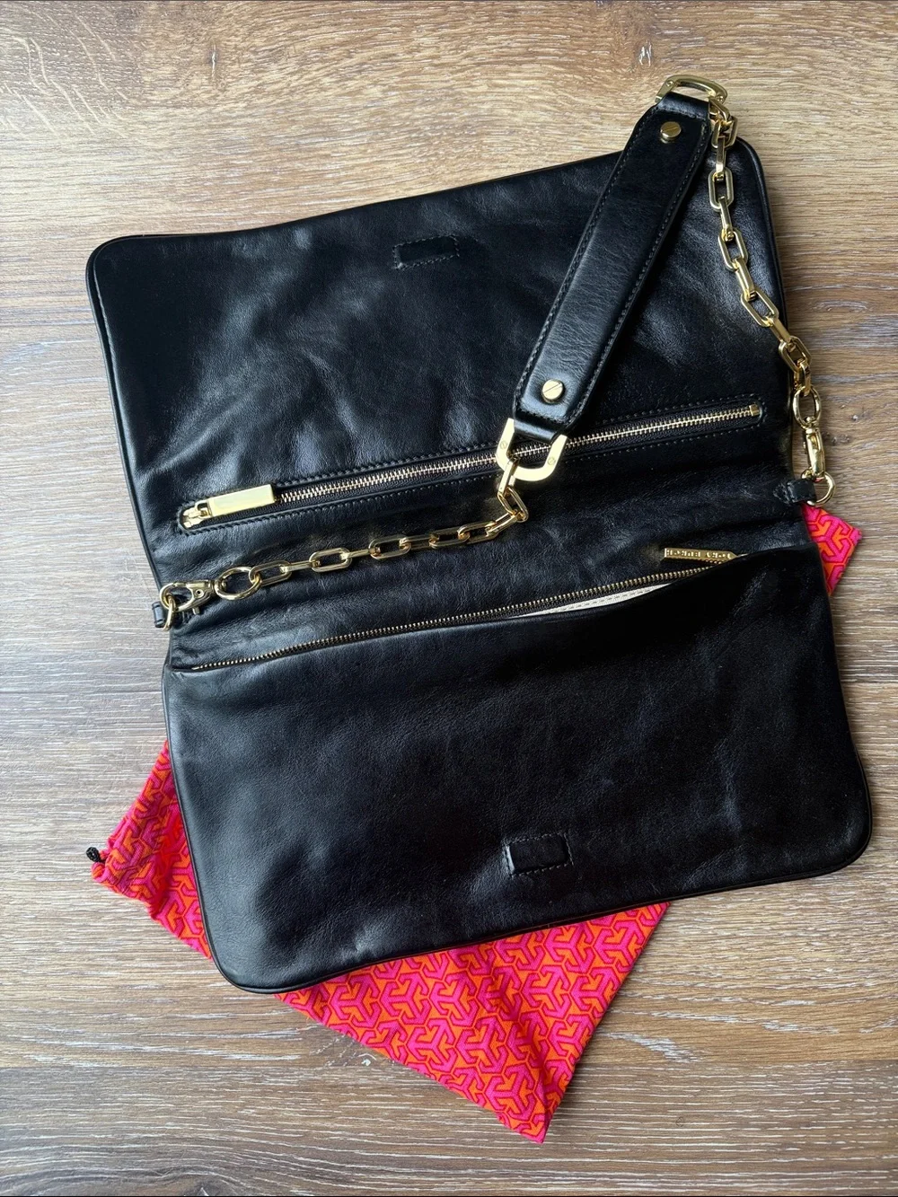 Tory Burch Black Leather Logo Clutch with Gold Medallion and Chain Strap